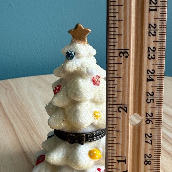 Vintage White Christmas Tree Trinket Box With Ornaments  Gold Star Glitter Keeps - Picture 9 of 10